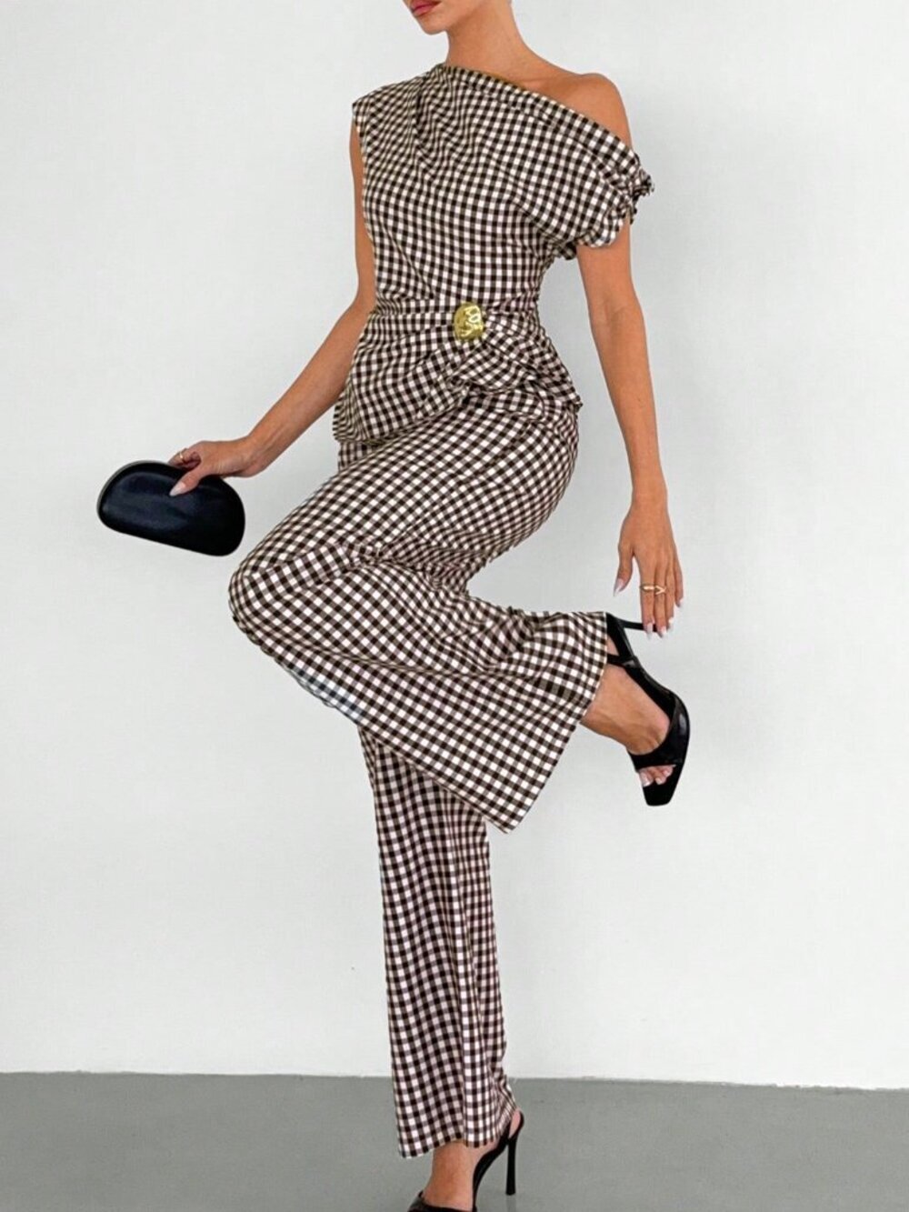 Brown Elegant Chic Plaid Women's One-Shoulder Peplum Top & Wide-Leg Pants Set - Picture 4 of 7